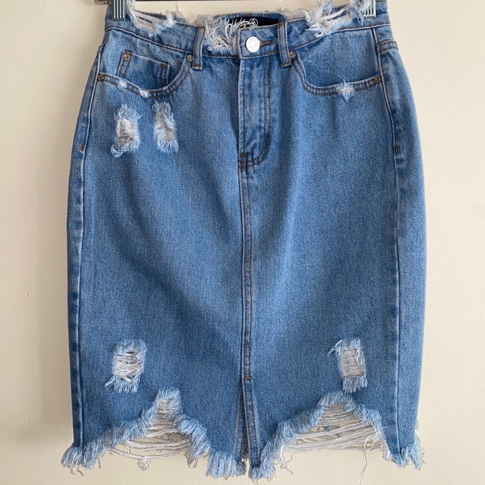 Missguided Light Blue Distressed Denim Jean Short Skirt Size 4